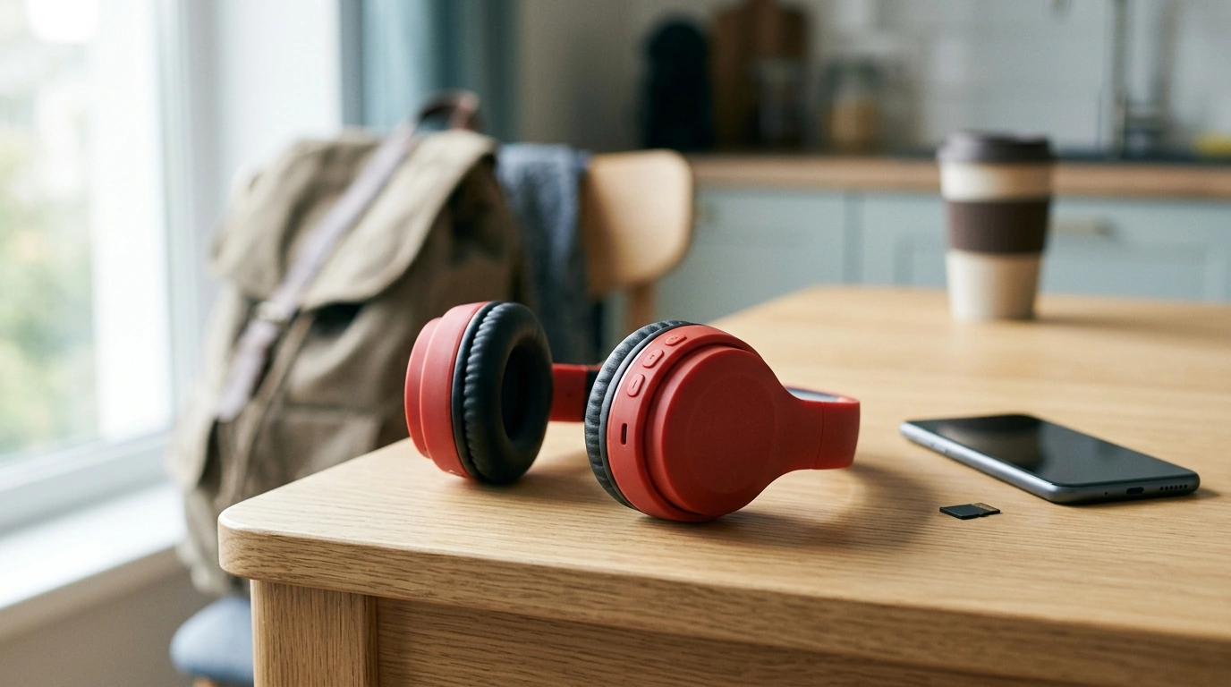 Red Bluetooth Headphones: SD Card, FM Radio, Mic